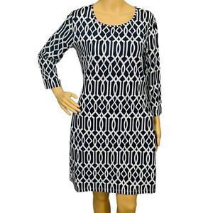 Jean Pierre Klifa Paris Dress Blue White Geometric Print 3/4 Sleeve Pull On M